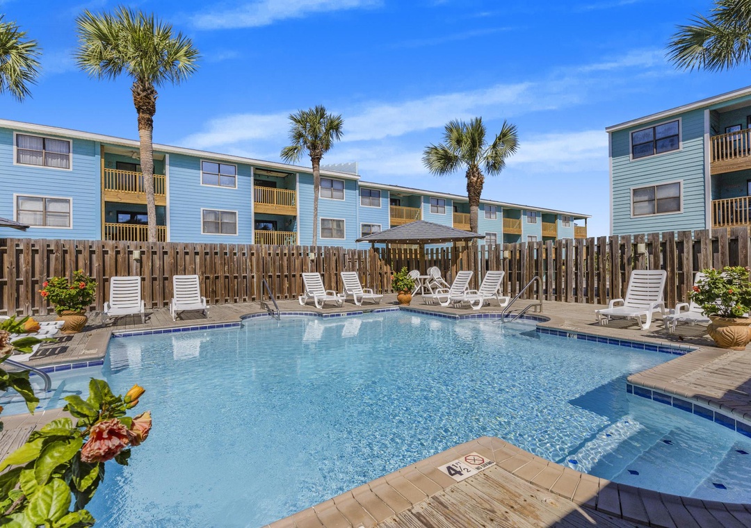 Community pool surrounded by palm trees