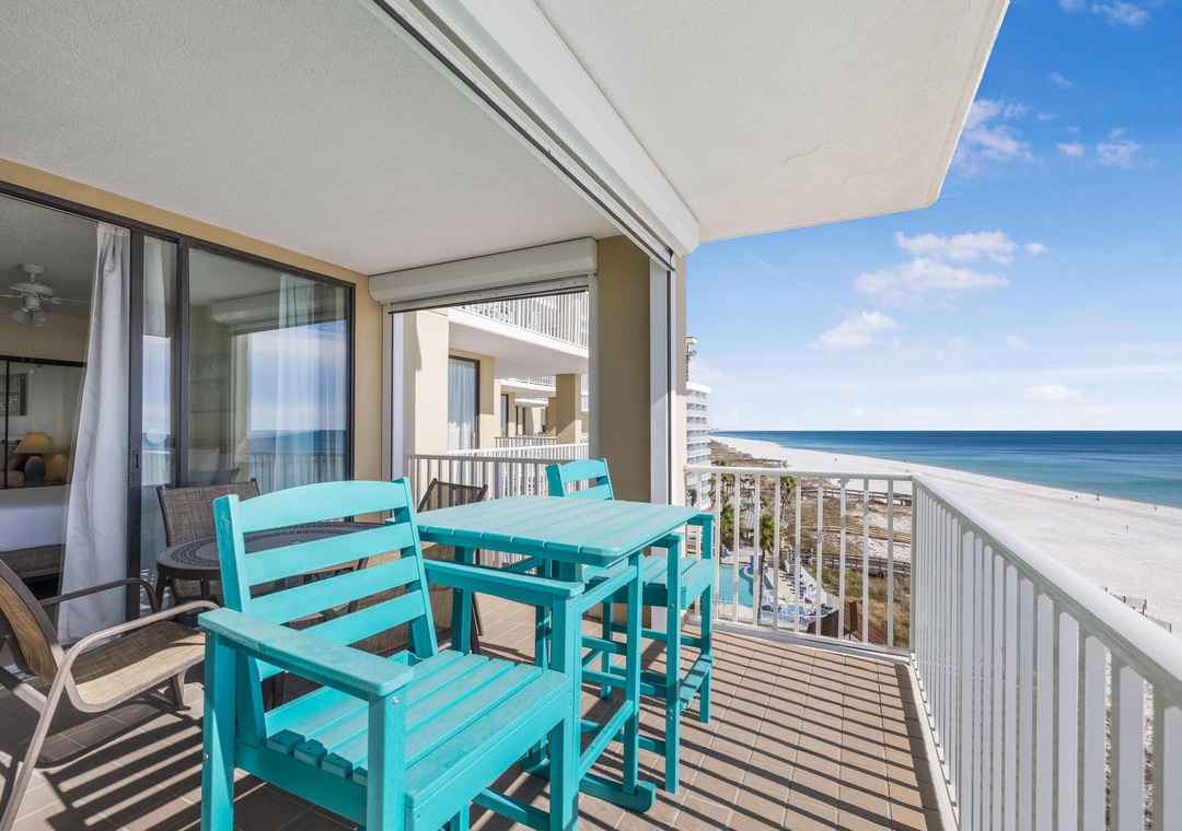 Large balcony with beach views