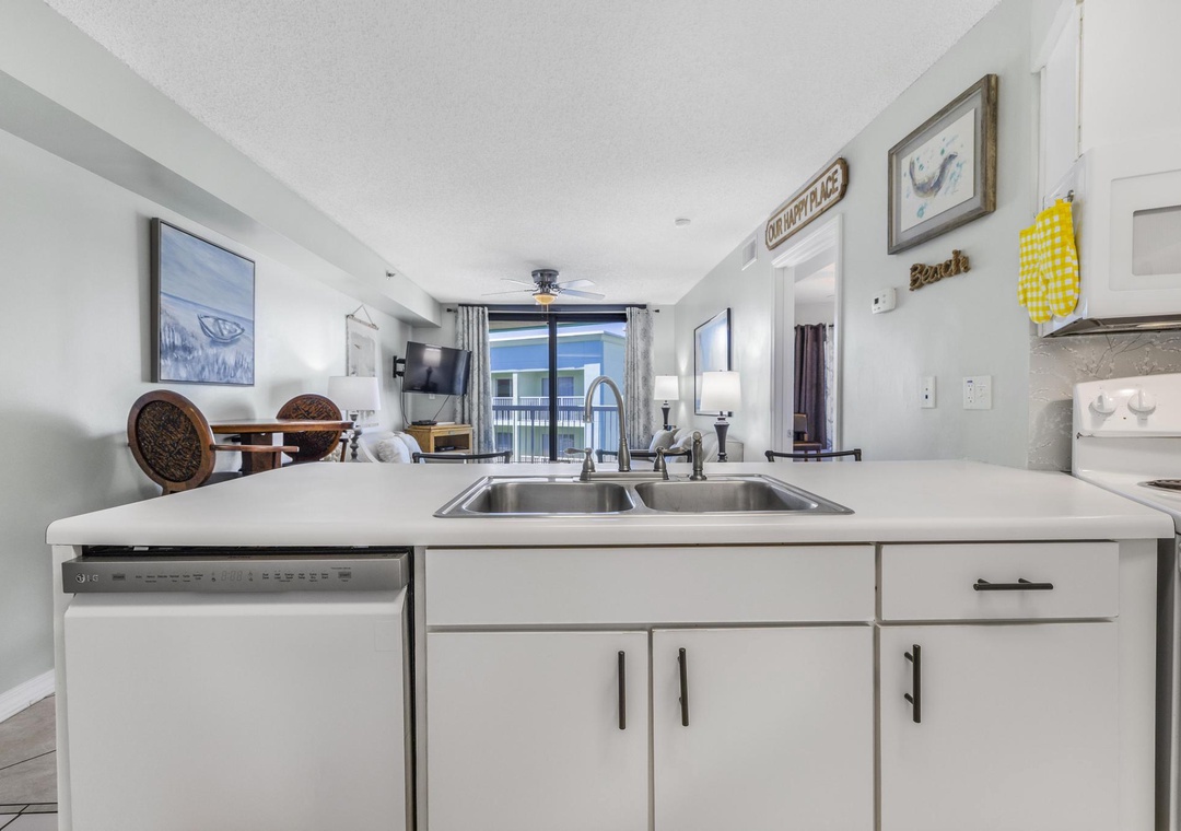 Kitchen overlooking the living space