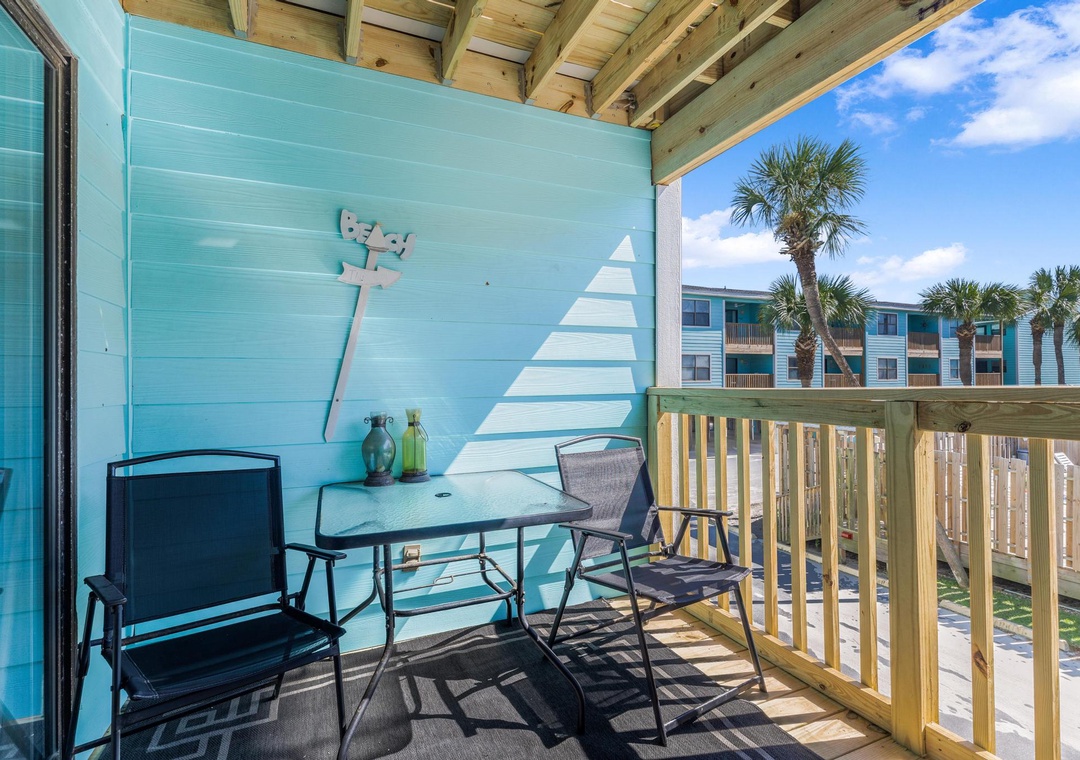 Covered balcony with seating