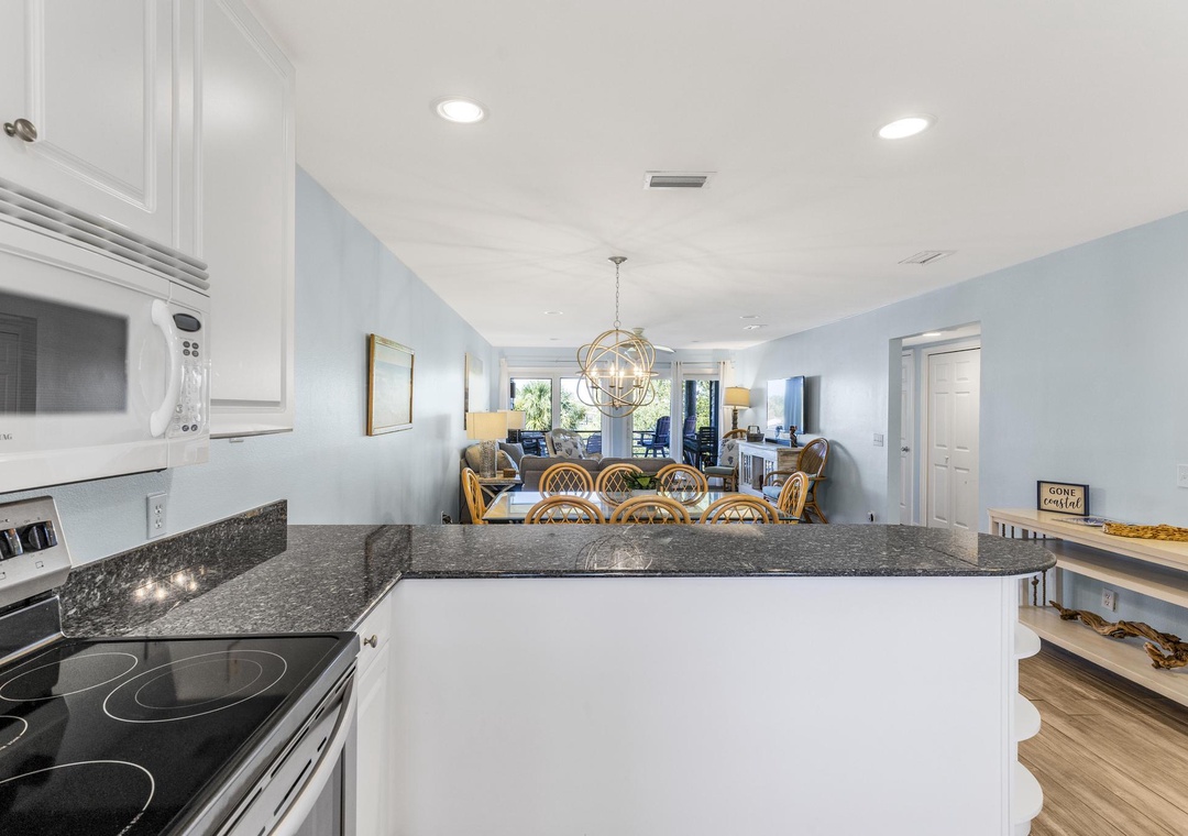 Kitchen overlooking the living and dining space