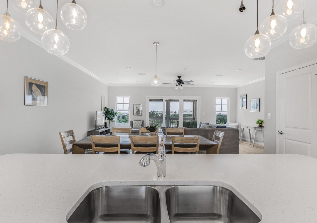 Kitchen overlooking the living spaces