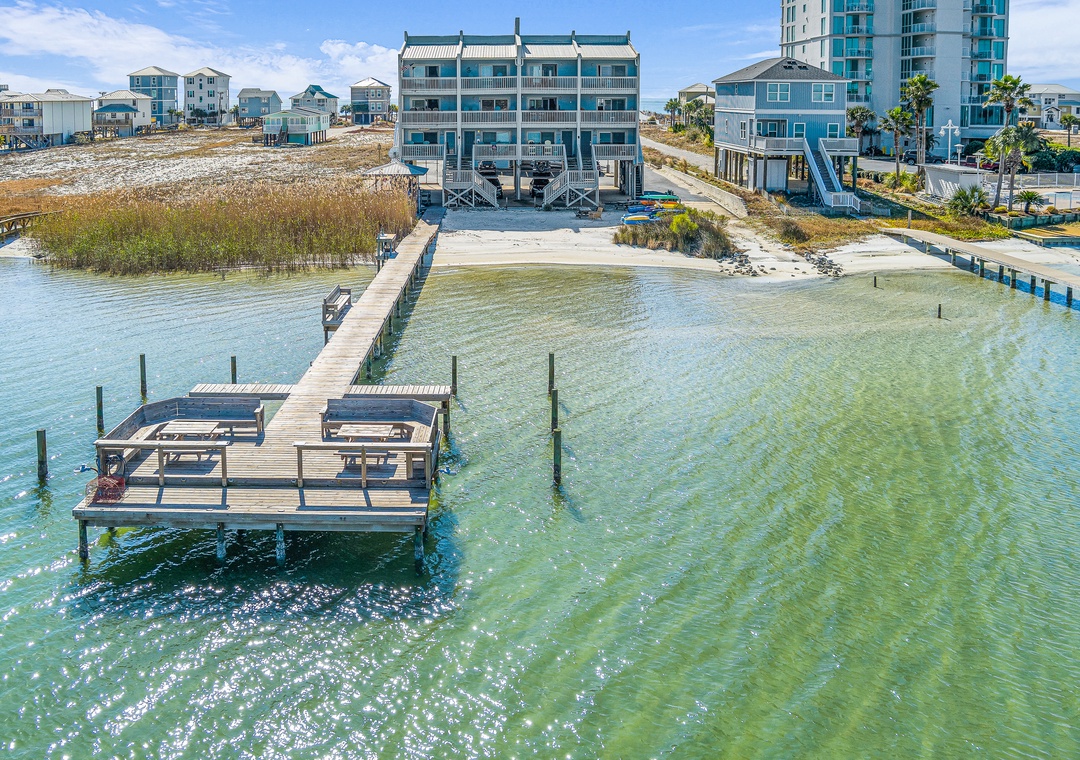 Aerial view of Summer House West from the lagoon