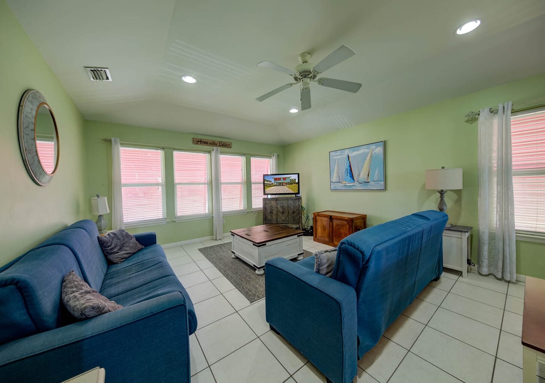 Living space with flat screen TV.