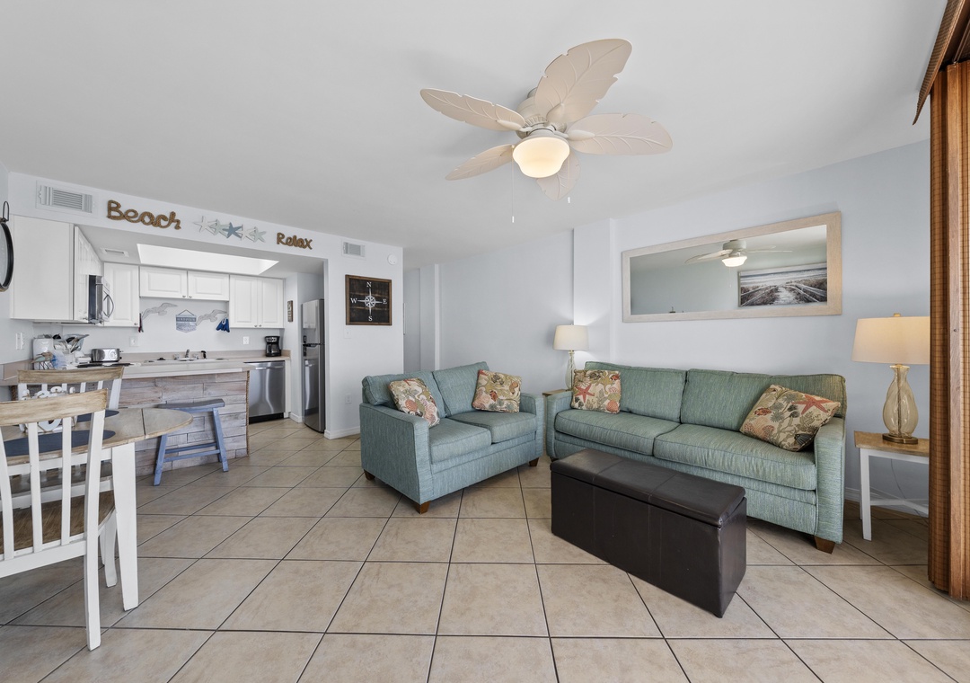 Living room open to kitchen and dining