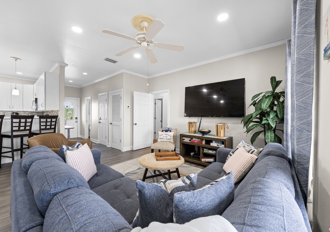 Enjoy a movie on the large flat-screen TV