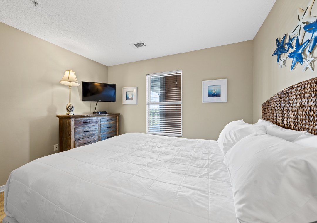 Bedroom with queen bed and flat-screen TV