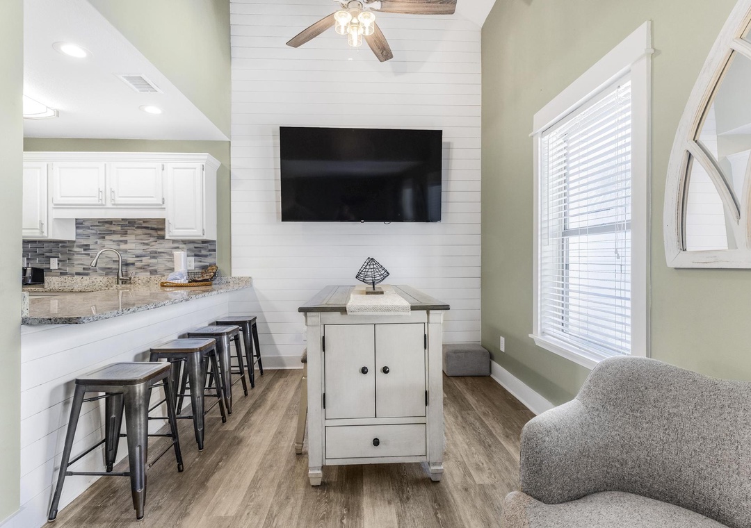 Mounted flat-screen TV in the living space