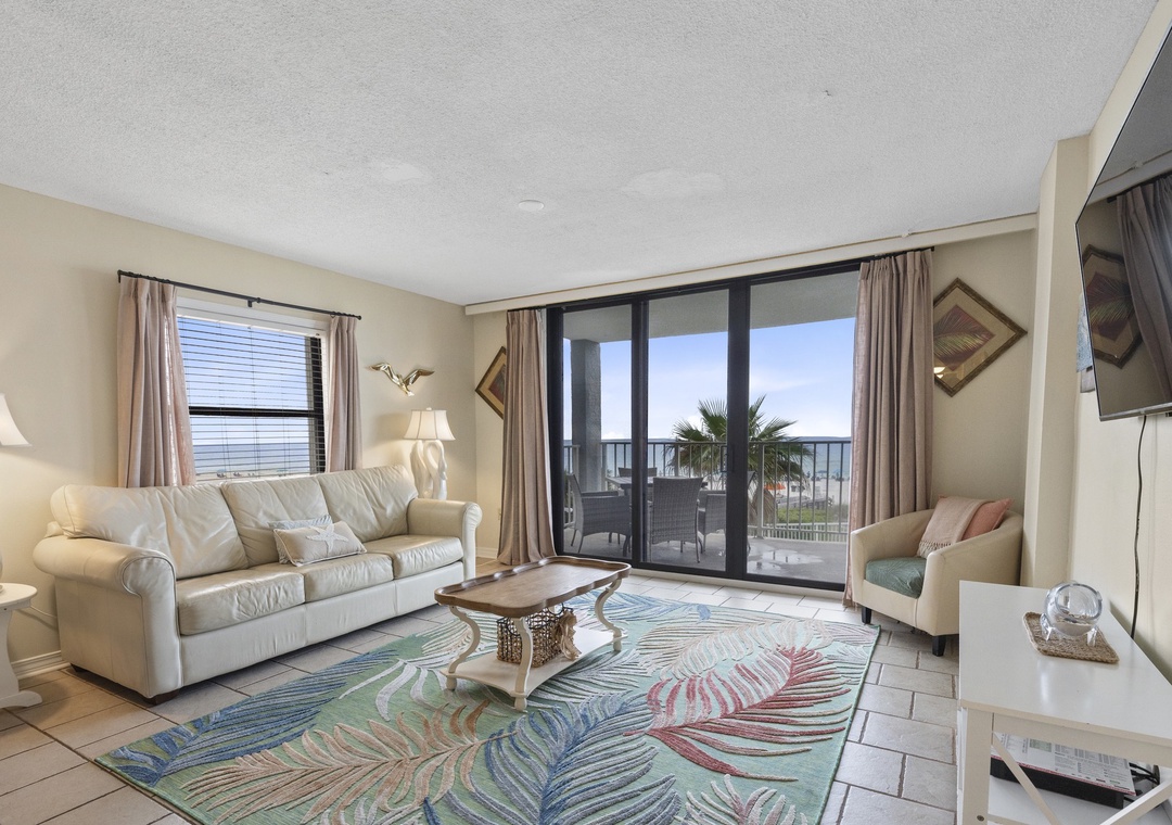 Bright living room with Gulf views