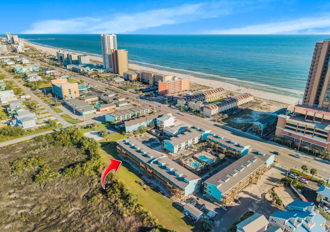 Aerial view of the Gulf Shores coastline and Lani Kai's location