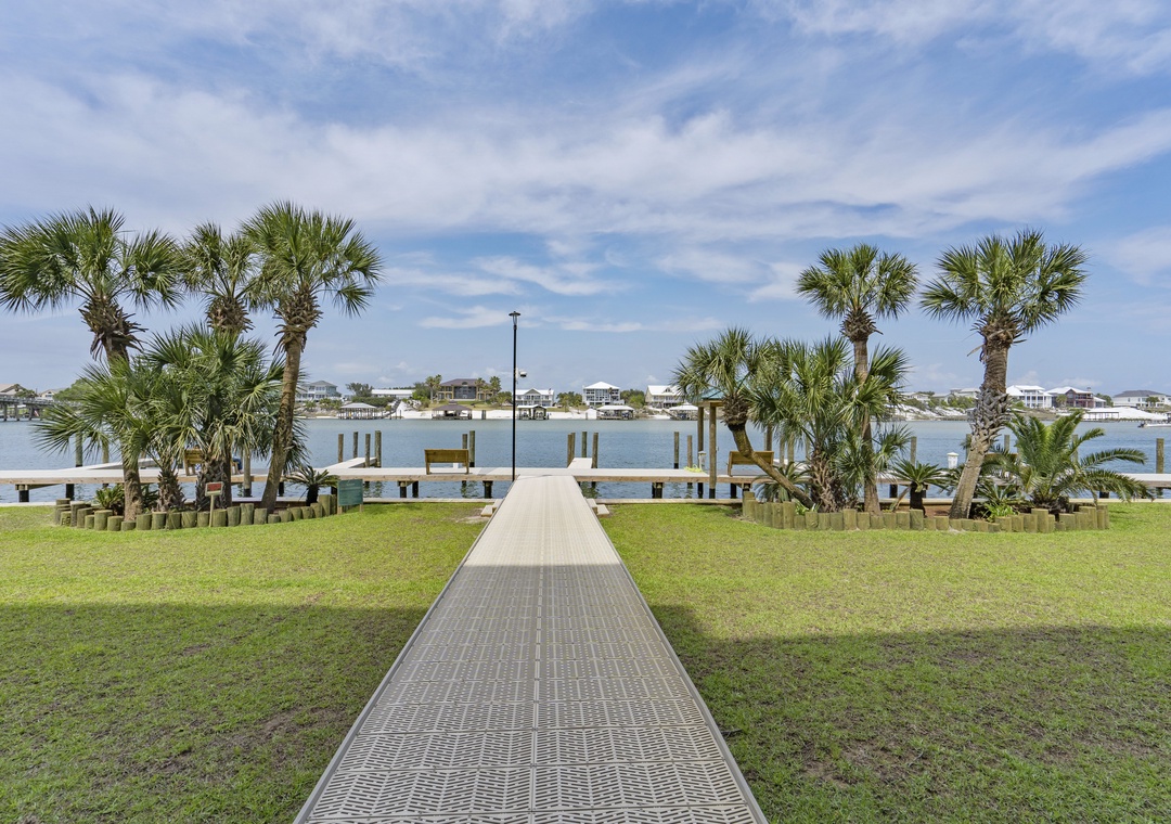 Walkway to riverside boat slips