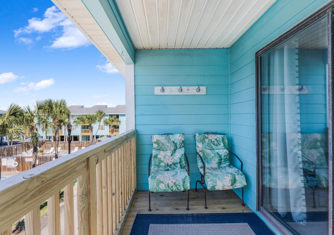 Covered balcony with seating