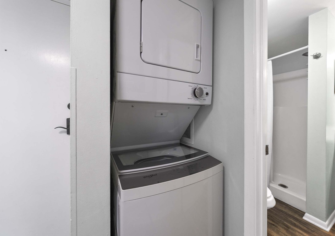 Full bathroom and in-unit laundry downstairs