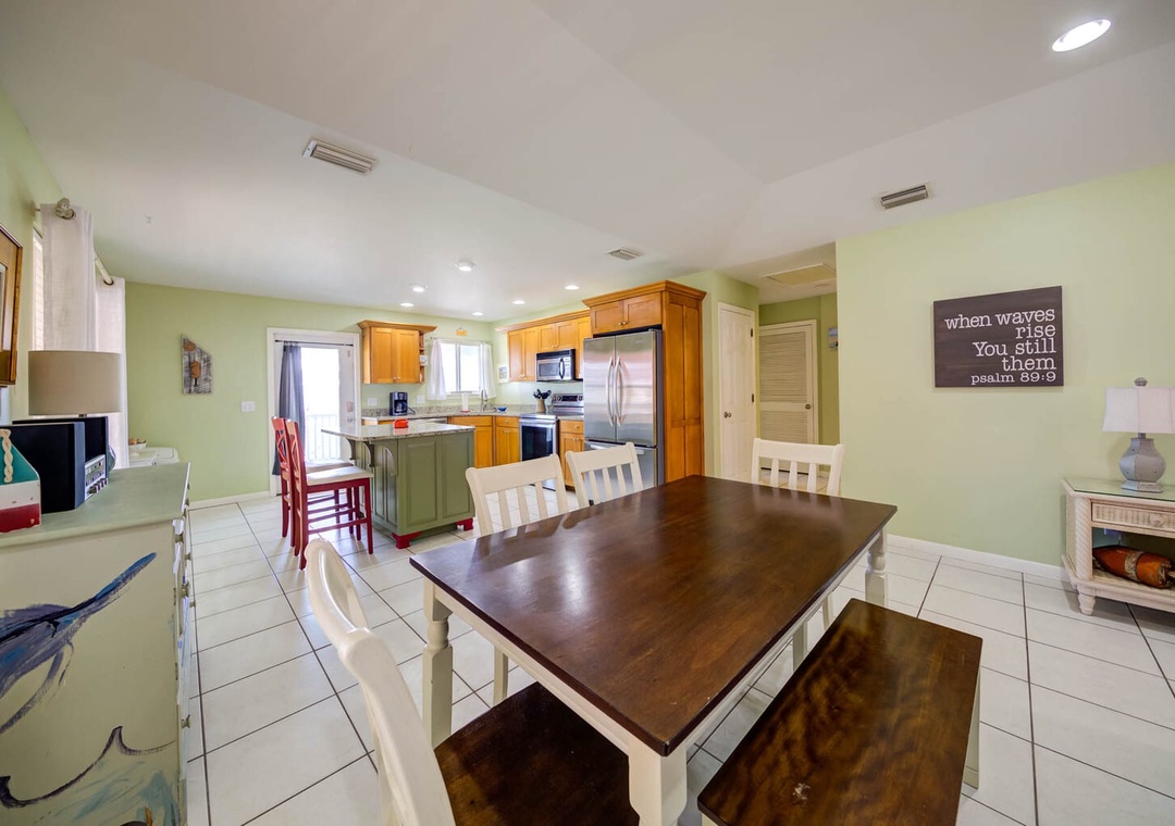 Dining area looking into kitchen.