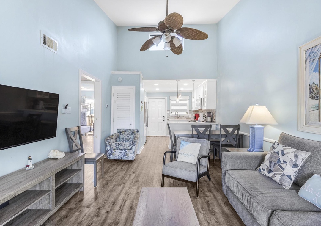 Living room open to kitchen and dining