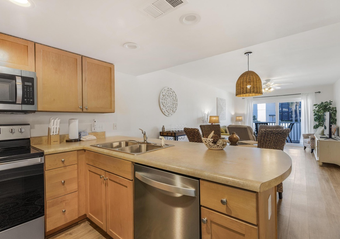 Kitchen overlooking the living and dining space
