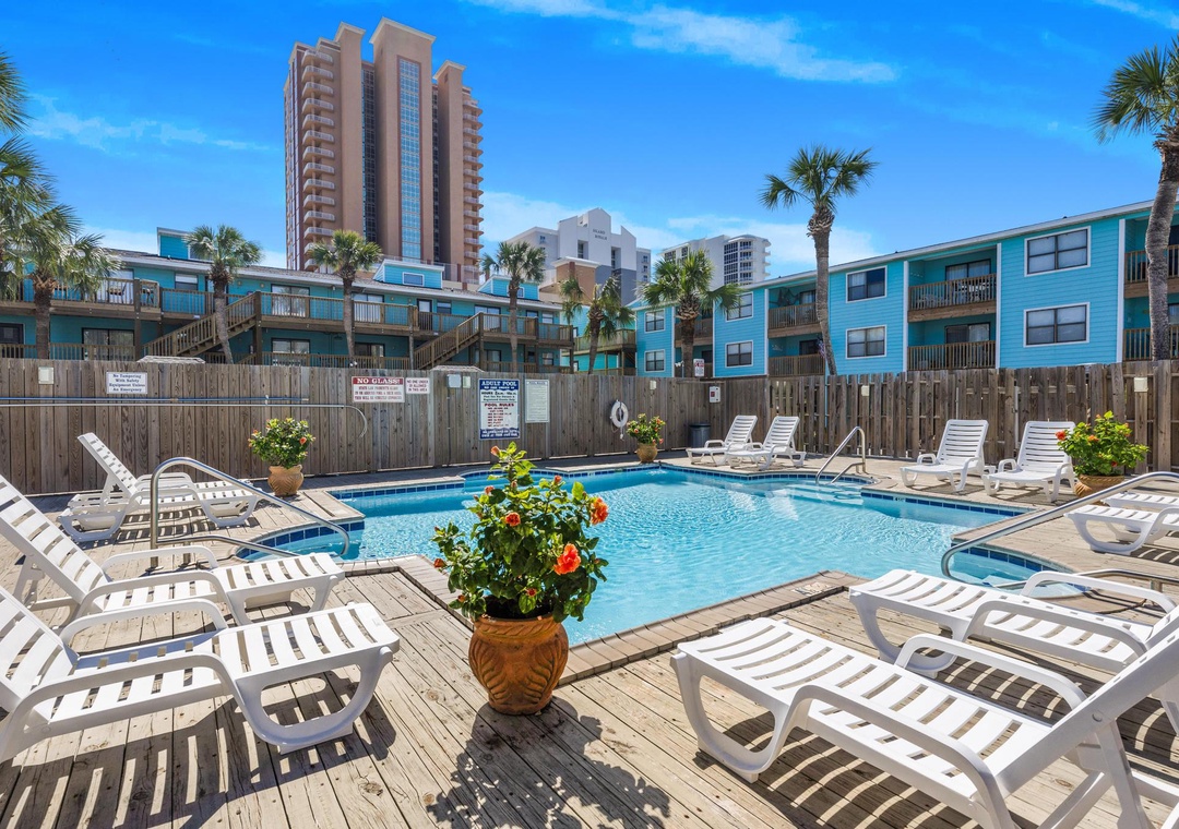 Pool deck with lounge chairs