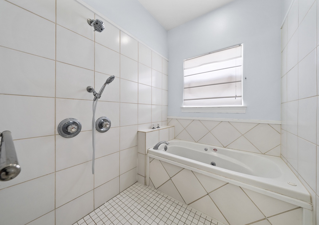 Wet room with jetted tub and shower