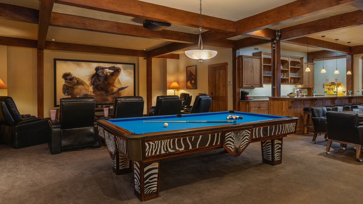 Rocking Chair Lodge theater seating, projection screen, and game room