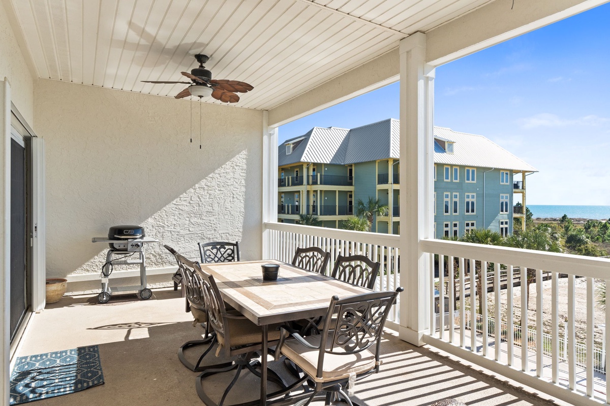 Your covered balcony offers the perfect spot to dine al fresco while enjoying ocean breezes and coastal views.