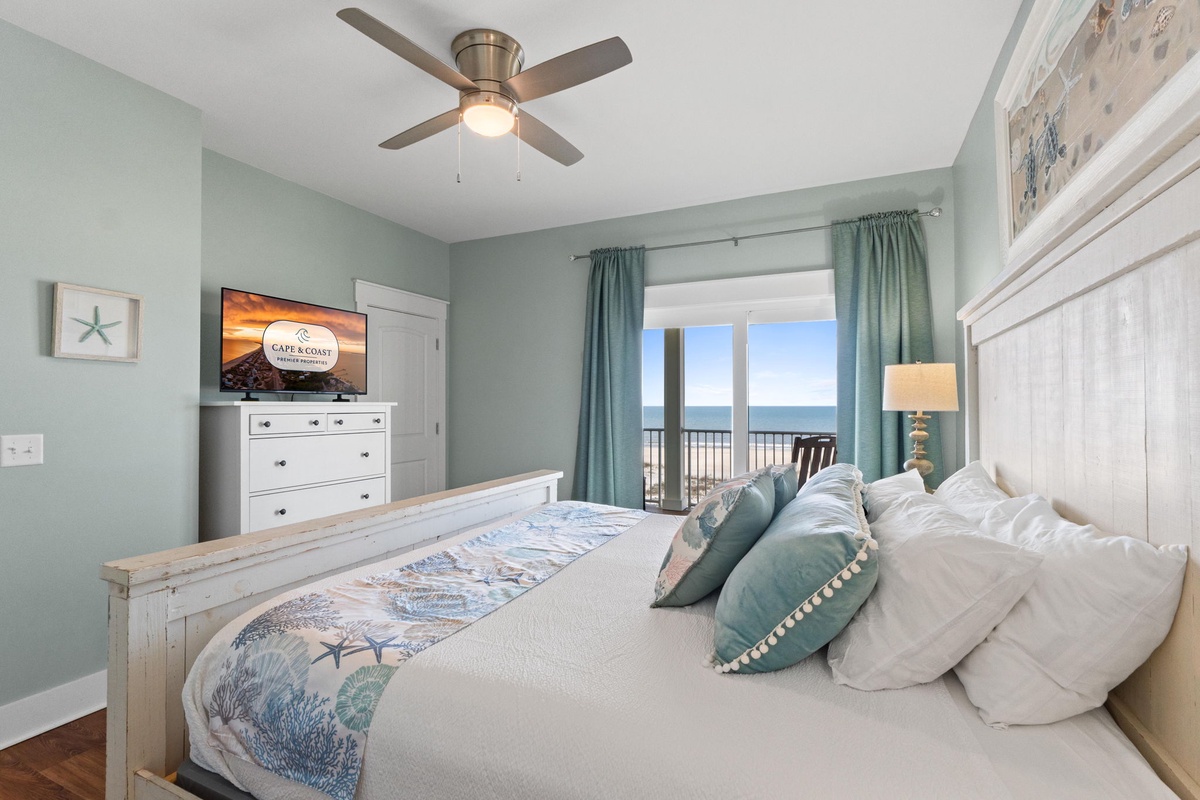 Wake up to serene ocean views from your comfortable bed, where soft coastal tones and gentle sea breezes create your perfect morning escape.