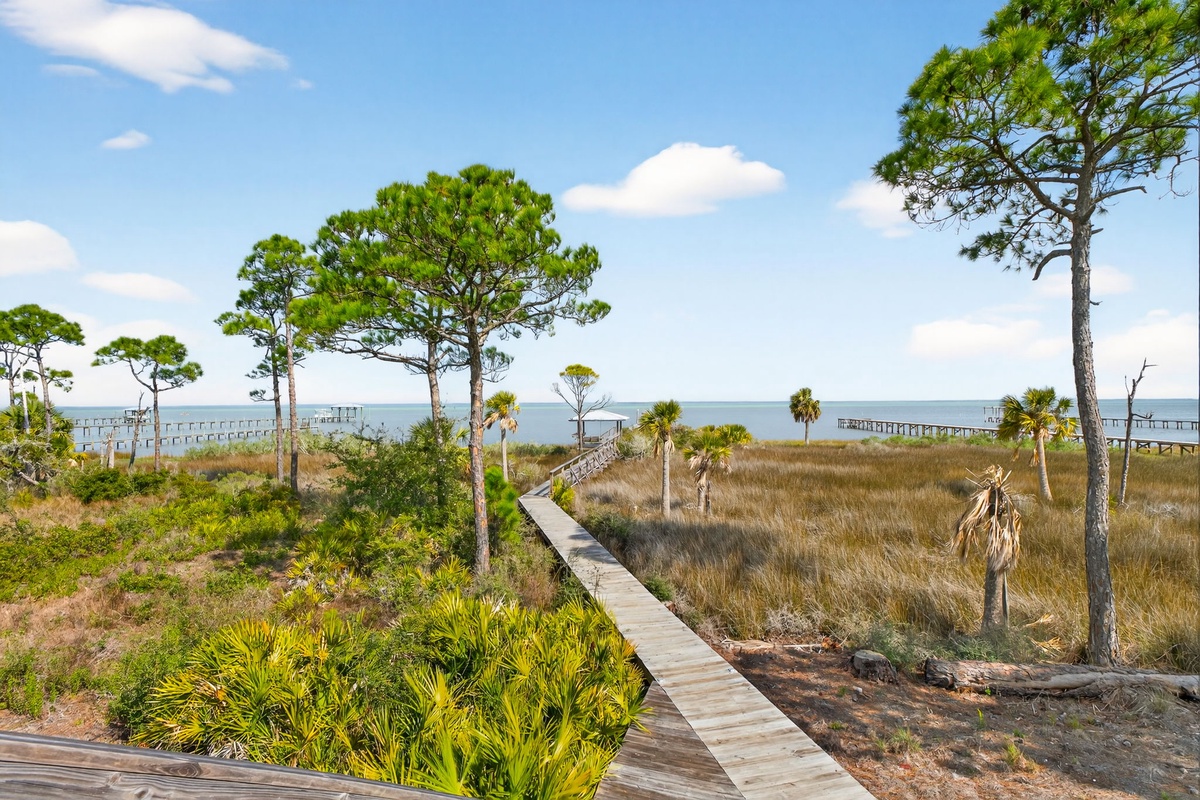 Scenic coastal walkway winds through natural marshlands toward waterfront piers, offering peaceful access to pristine waters.