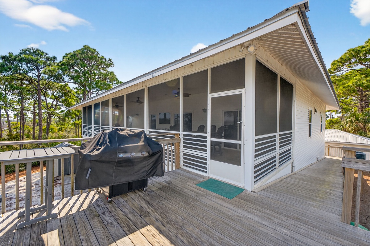 Coastal retreat with screened porch and BBQ grill, surrounded by lush trees and natural beauty.