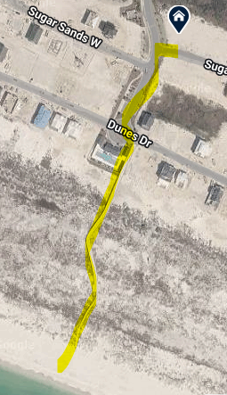 Aerial view of the property location of beach access via community boardwalk.