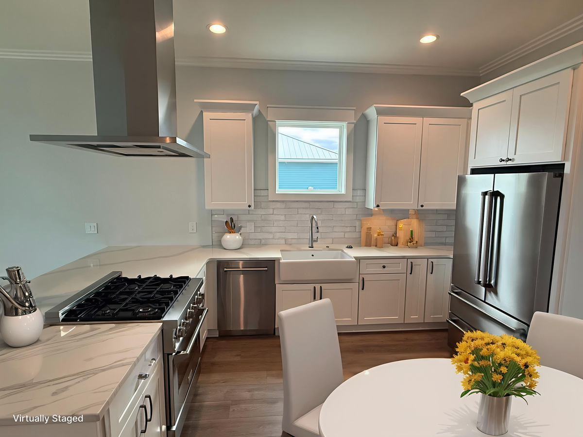 Your dream kitchen awaits with sleek white cabinetry, marble countertops, and stainless steel appliances for effortless meal preparation.