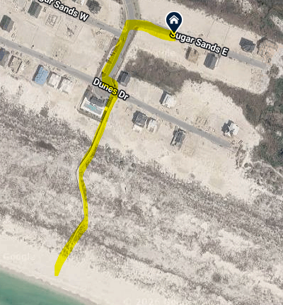 Aerial view of property location with beach access via comminty boardwalk.
