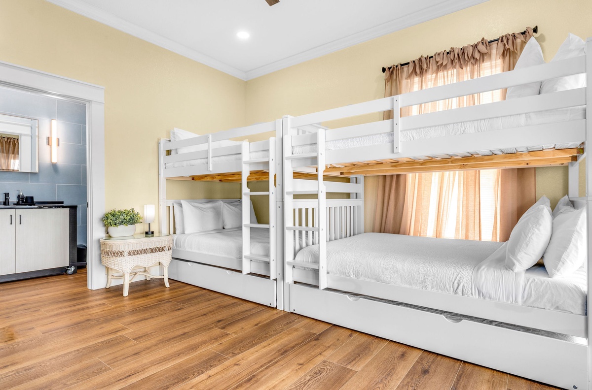 Sleep soundly in your comfortable bunk bed sanctuary with fresh linens and convenient kitchenette nearby for midnight snacks.