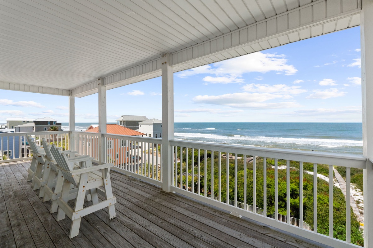 Settle into your private deck chairs and soak in the sweeping ocean views, where gentle waves and coastal breezes create your perfect seaside retreat.
