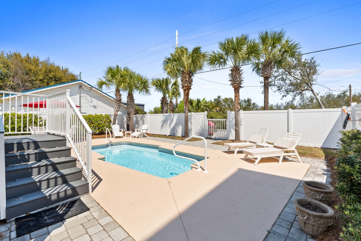 Private pool oasis awaits with swaying palms and sun loungers for your perfect Florida escape.