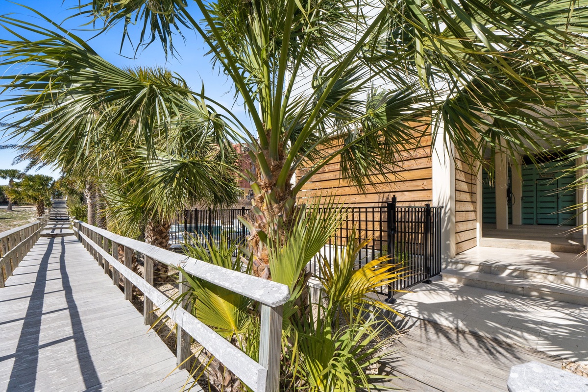 Tropical boardwalk leads to a charming beachside property surrounded by swaying palms and coastal vegetation.
