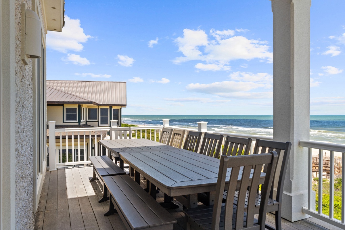 Gather with loved ones on this spacious oceanfront deck, where dining al fresco becomes unforgettable with ocean breezes and sweeping coastal views right before you.