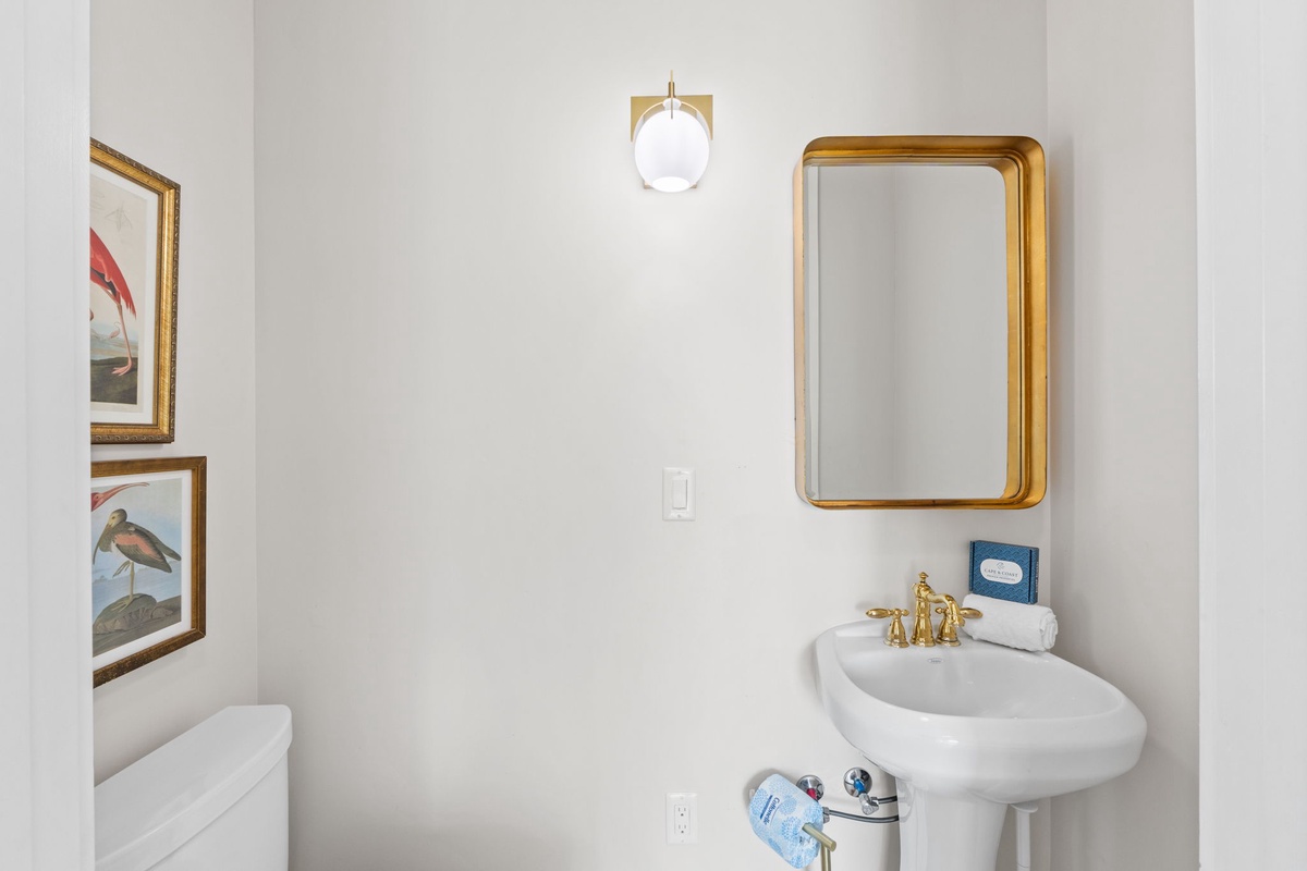 Step into your elegantly appointed powder room, where brass fixtures and bird artwork create a refined retreat for freshening up.