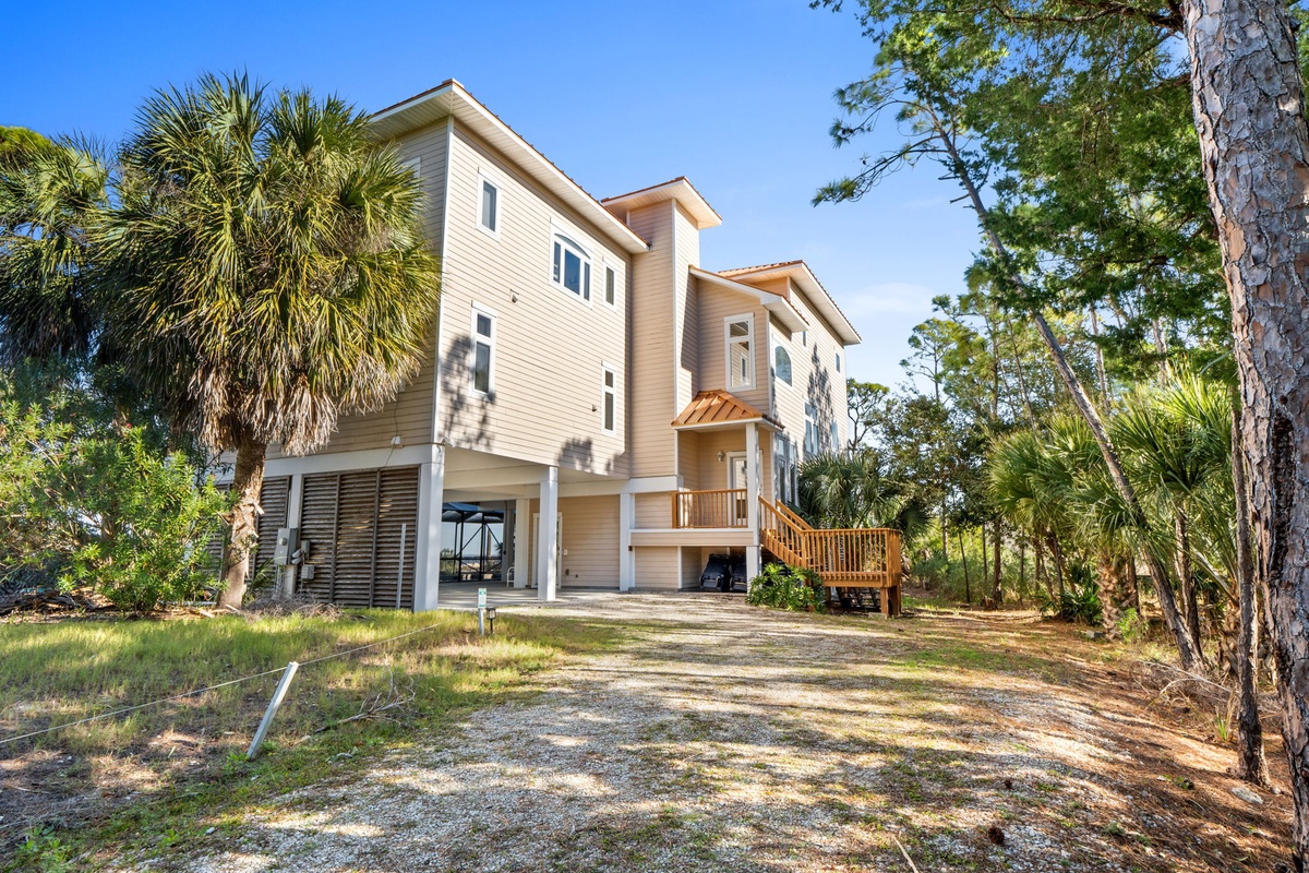 Modern coastal home nestled among native palms and trees, featuring elevated design and covered parking beneath.