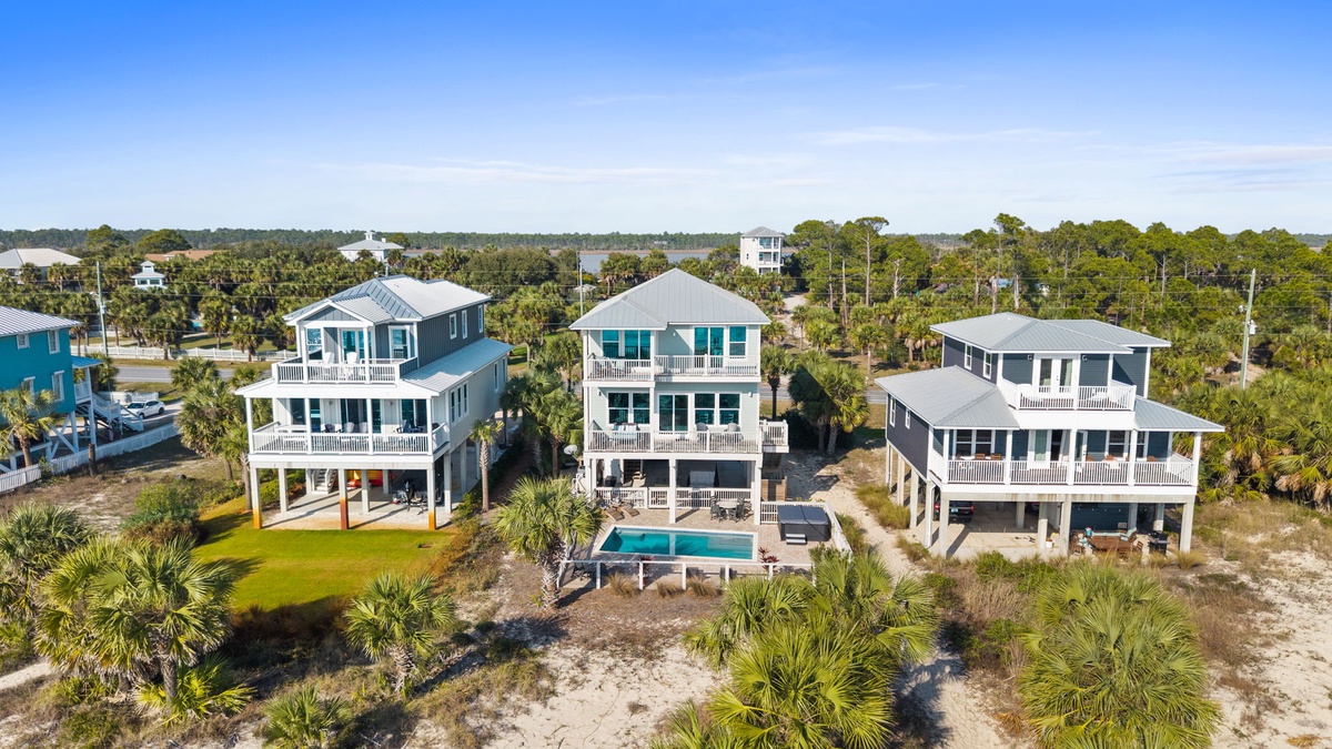 Coastal vacation homes nestled among palm trees and natural vegetation, offering a peaceful retreat in this scenic beachside community.