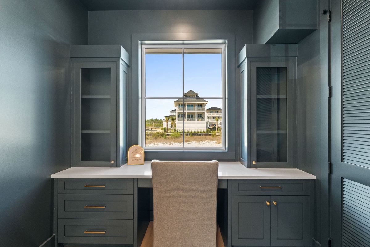 Your private workspace offers a peaceful setting with built-in storage and inspiring views to keep you productive.