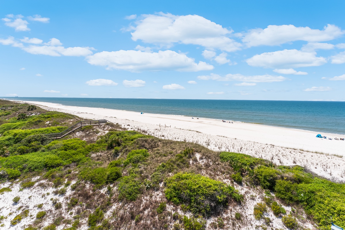 Pristine white sand beach stretches endlessly along the Gulf Coast with natural dunes and emerald waters.