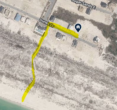 Aerial view showing property location with easy beach access via commubnity boardwalk to pristine shoreline.