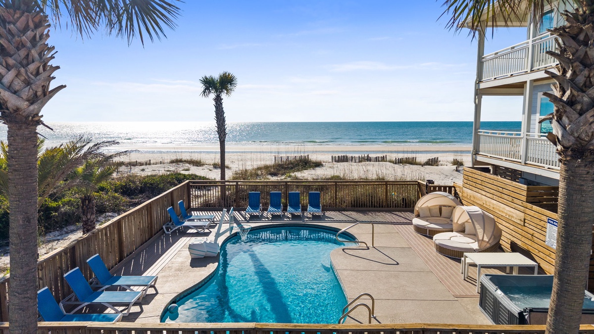 Beachfront paradise with private pool, palm trees, and stunning ocean views. Your perfect coastal retreat awaits.