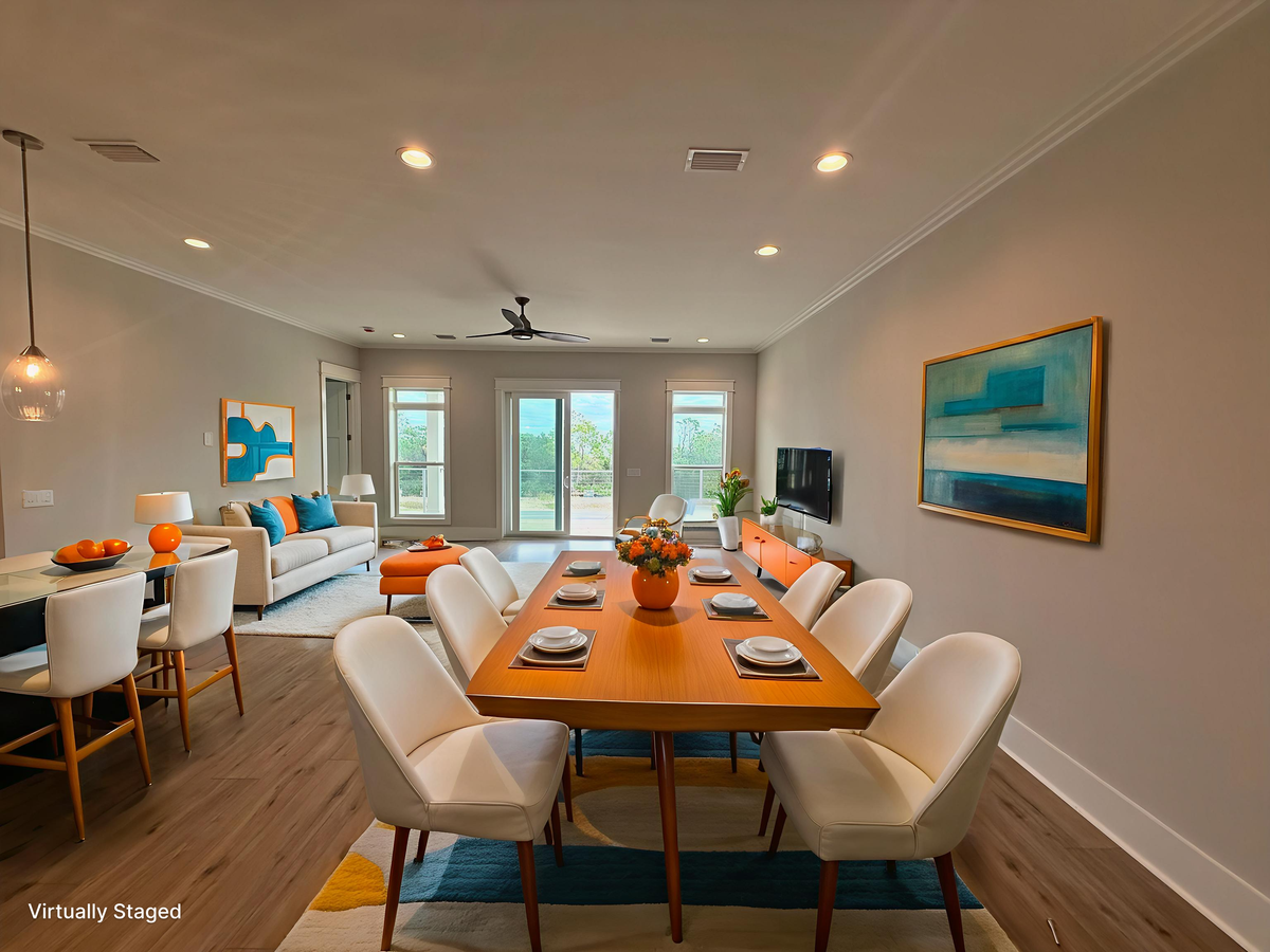 Gather around this stunning dining table where memorable meals and conversations await, perfectly positioned between your comfortable living space and private balcony.