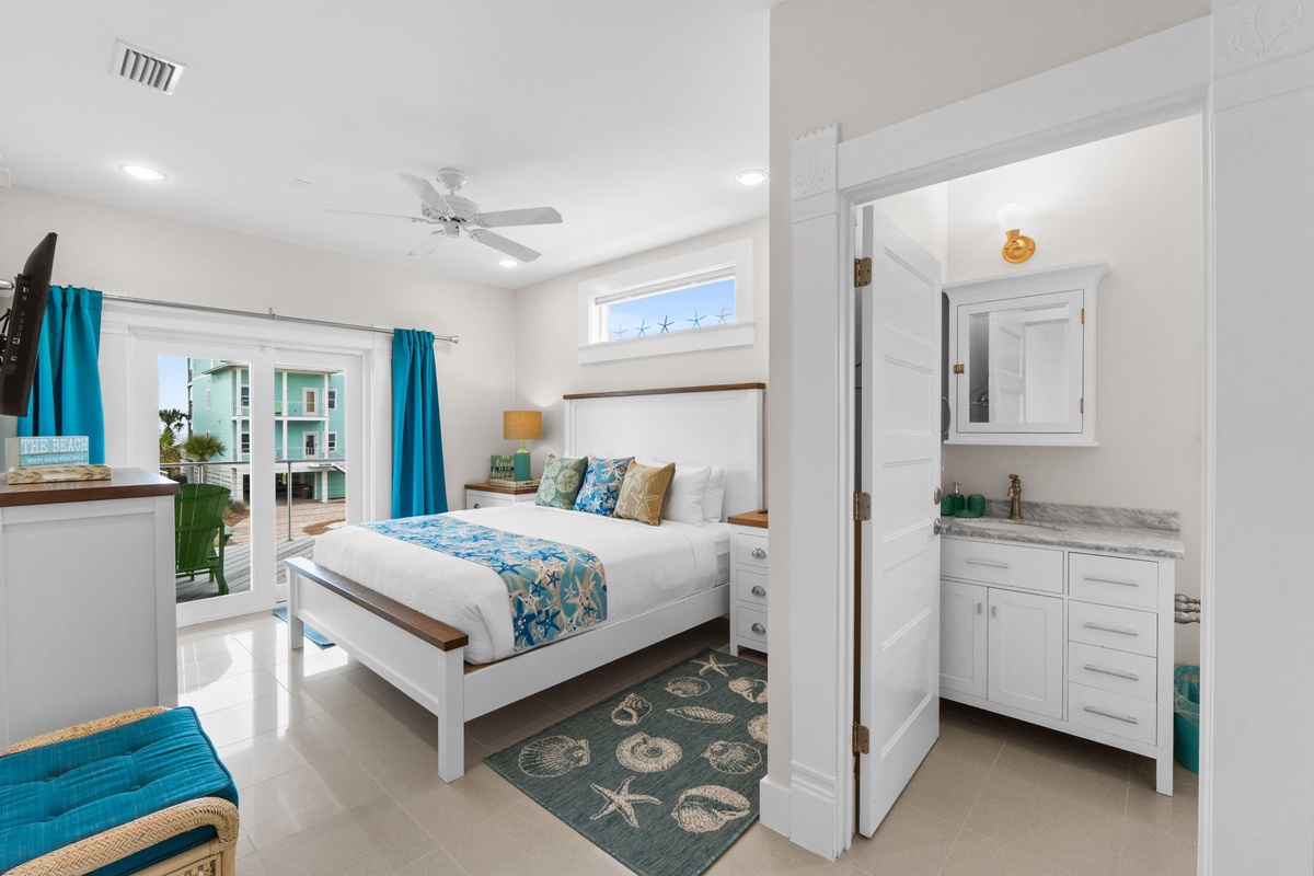 Drift off in your coastal-inspired bedroom, where soft linens and ocean blues create the perfect retreat after beachside adventures.