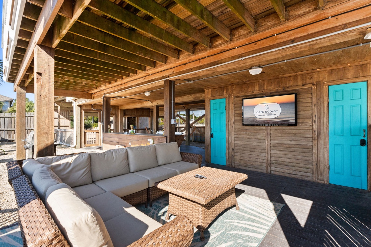 Additional shaded seating provides multiple spots to relax, gather, or catch the game.