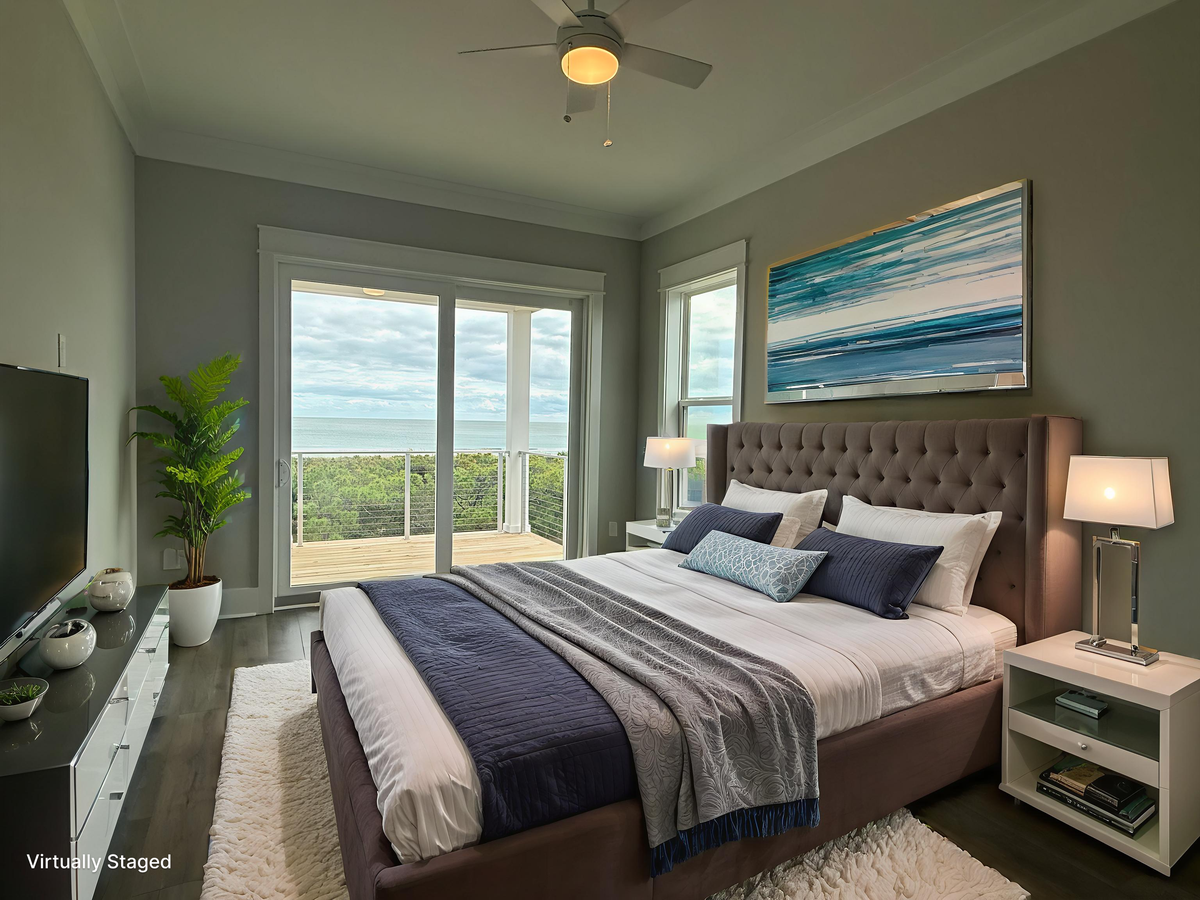 Drift off to sleep in your serene retreat, where ocean-inspired art and soft linens create the perfect haven for relaxation.