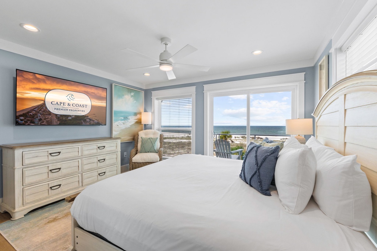 Wake up to the soothing sound of waves and stunning ocean views from your bed. Soft coastal hues and plush white linens invite you to unwind, while direct balcony access lets you step outside and breathe in the sea air anytime.