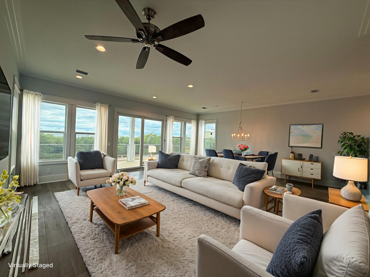 Relax in your bright, modern living space with stunning panoramic windows and comfortable seating for memorable evenings together.