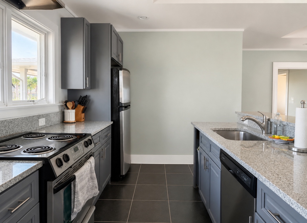 Cook, gather, and enjoy in this modern kitchen equipped with everything you need for your stay, from granite countertops to stainless steel appliances.
