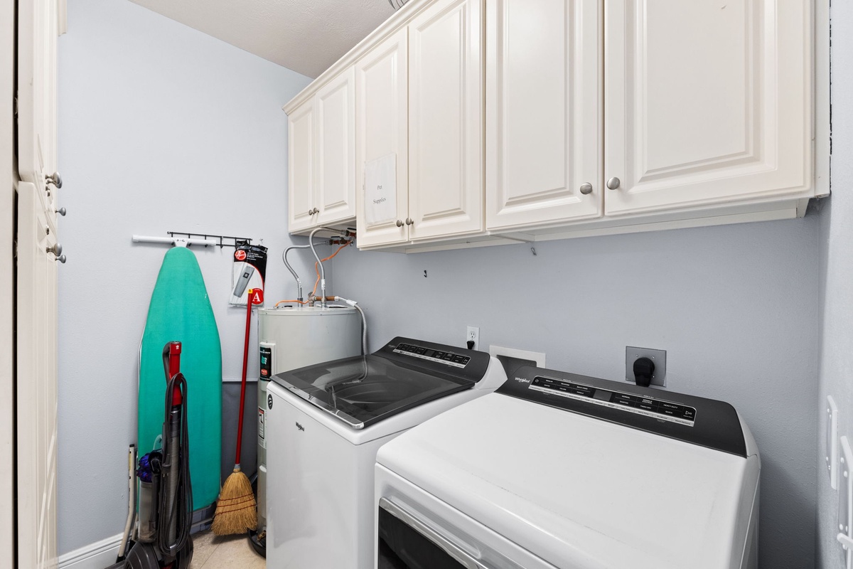 Your own convenient laundry room keeps your vacation wardrobe fresh with full-size washer and dryer, plus storage for cleaning essentials.